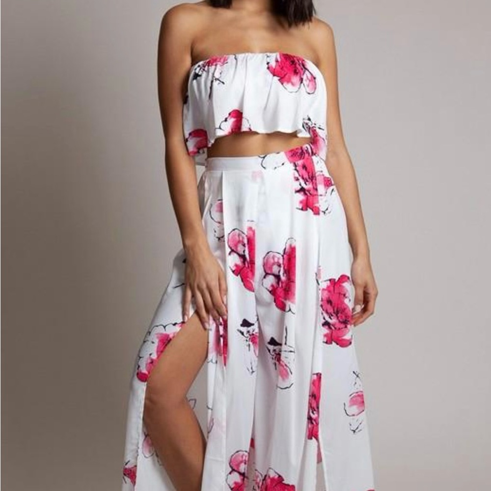Floral White and Pink Two-Piece Maxi Skirt Set